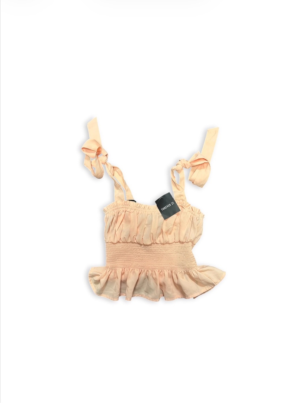 NWT FOREVER 21 Smocked Square Neck Tie Strap Ruffle Hem Crop Cami Top Pink S